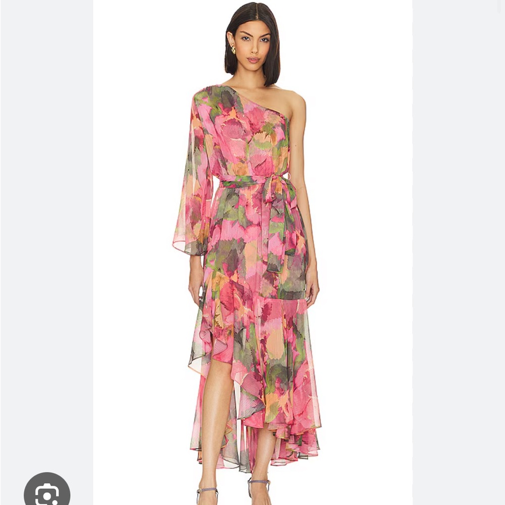 Misa Los Angeles Pink Floral One-Shoulder Chiffon Dress